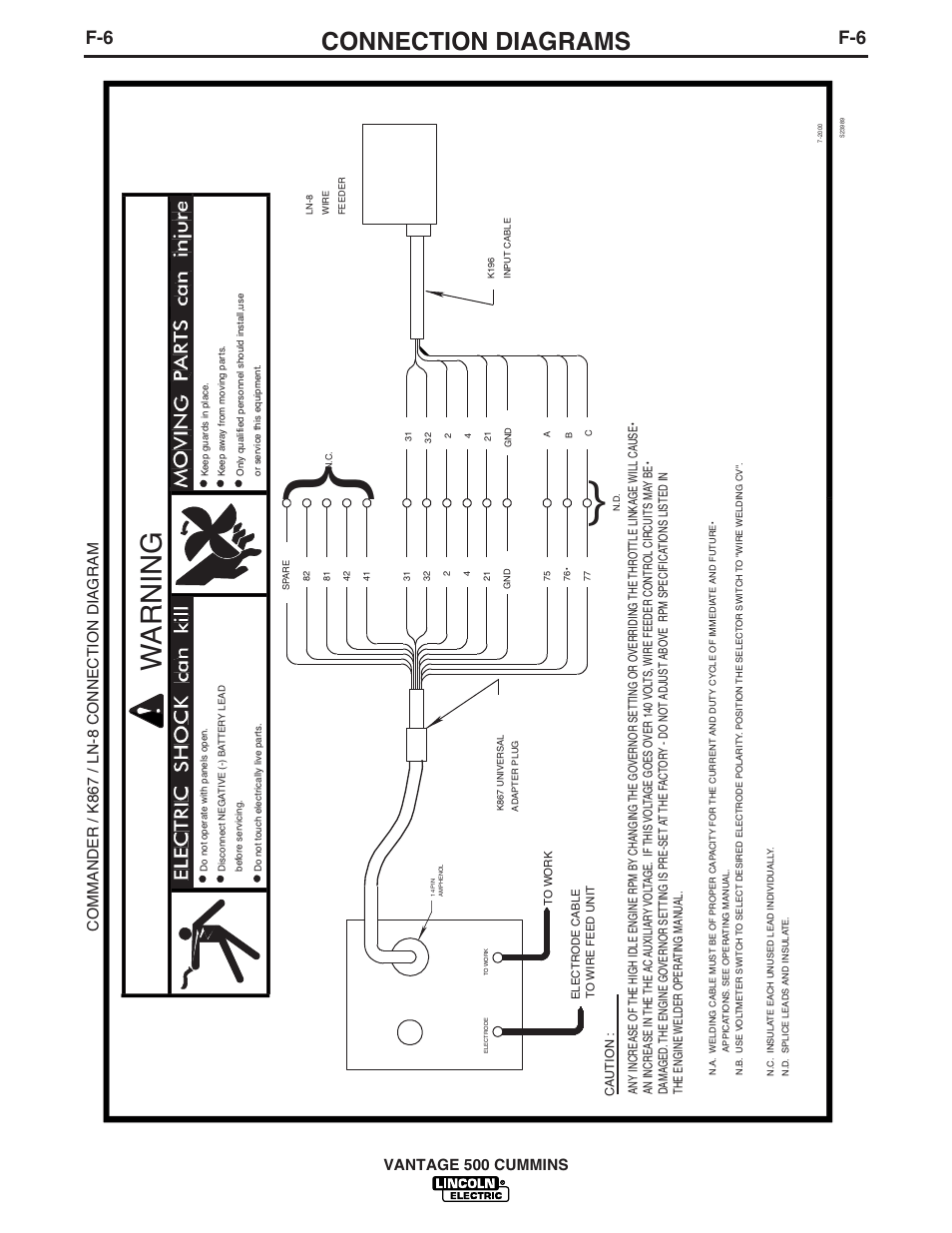 Wa rning, Connection diagrams, Vantage 500 cummins | Commander / k867 / ln-8 connection dia g ram | Lincoln Electric 500 User Manual | Page 43 / 54