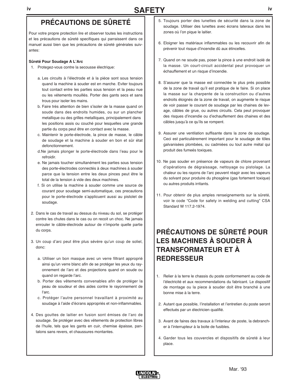 Safety, Précautions de sûreté | Lincoln Electric 500 User Manual | Page 5 / 54