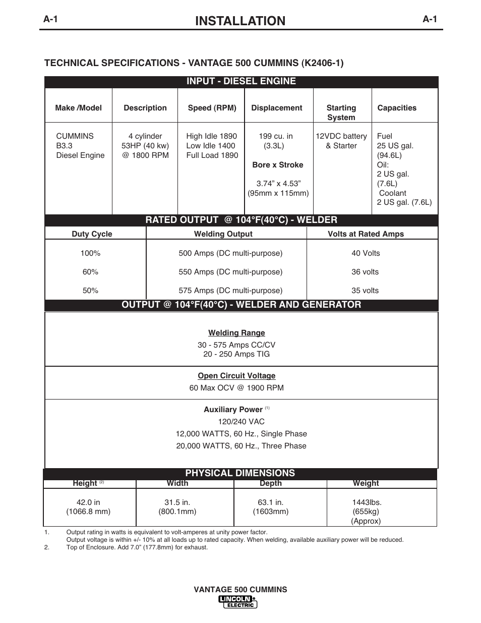 Installation | Lincoln Electric 500 User Manual | Page 9 / 54