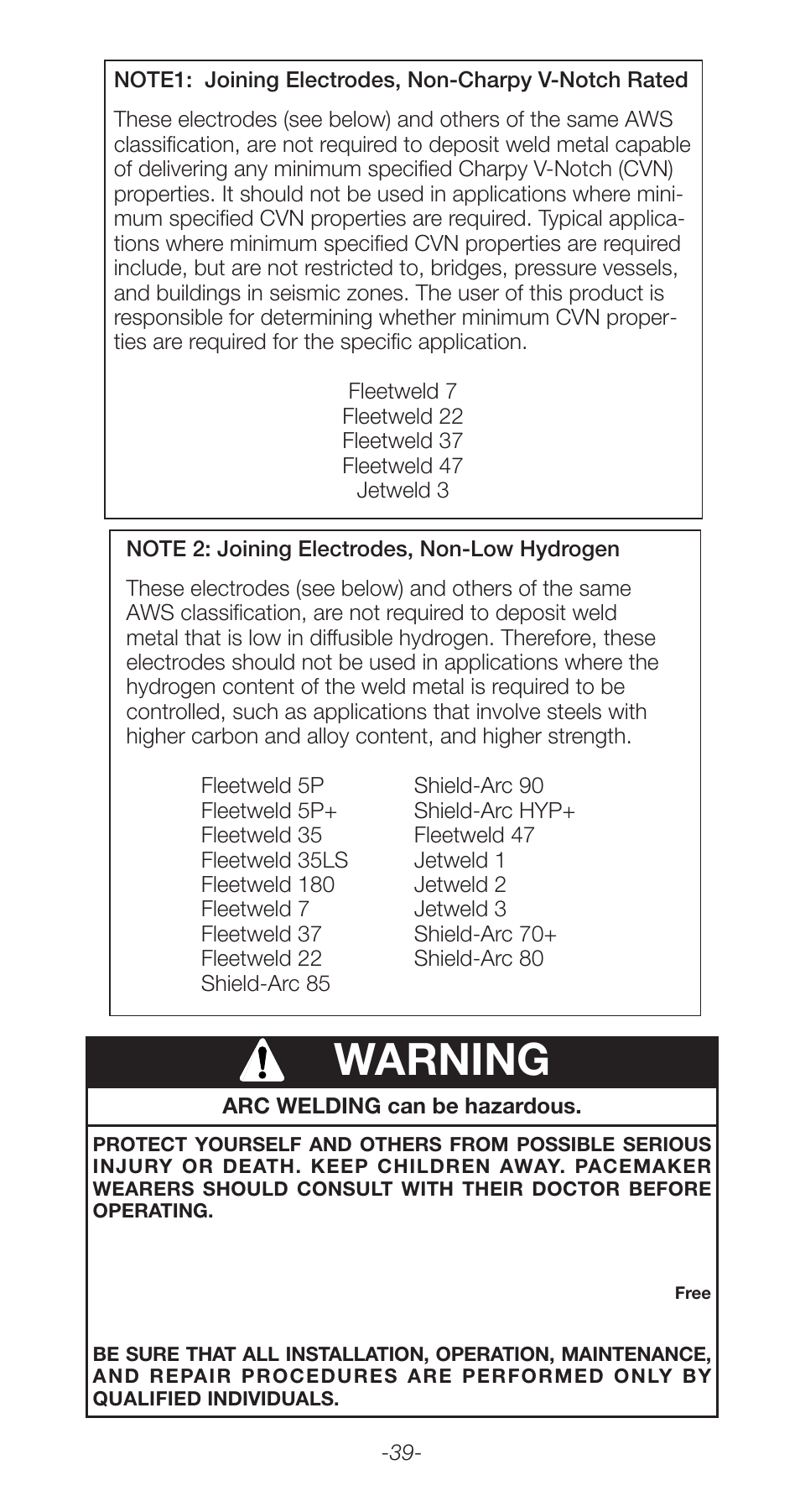 Warning | Lincoln Electric Stick Electrode Welding C2.410 User Manual | Page 39 / 44