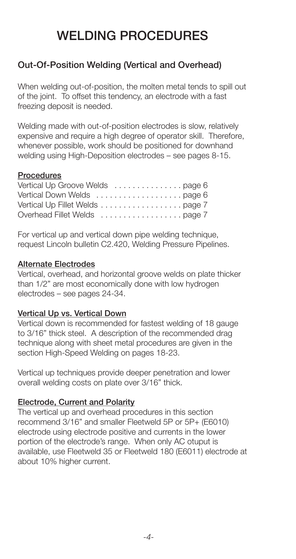 Welding procedures | Lincoln Electric Stick Electrode Welding C2.410 User Manual | Page 4 / 44