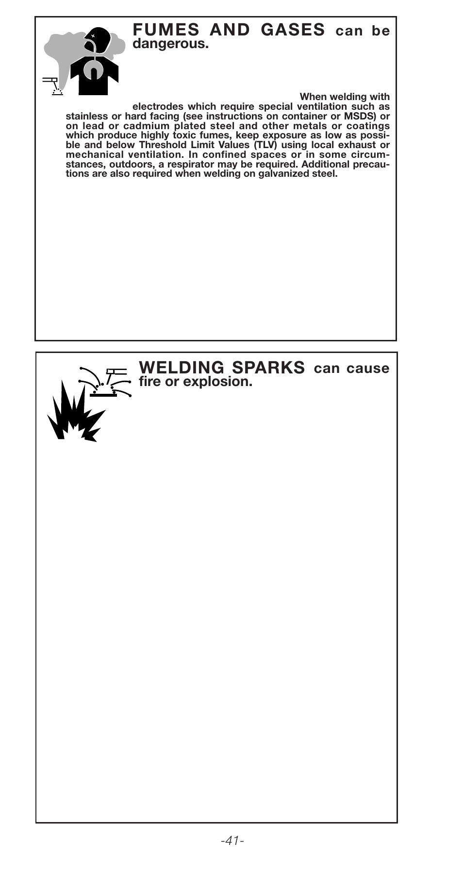 Fumes and gases, Welding sparks, Can be dangerous | Can cause fire or explosion | Lincoln Electric Stick Electrode Welding C2.410 User Manual | Page 41 / 44