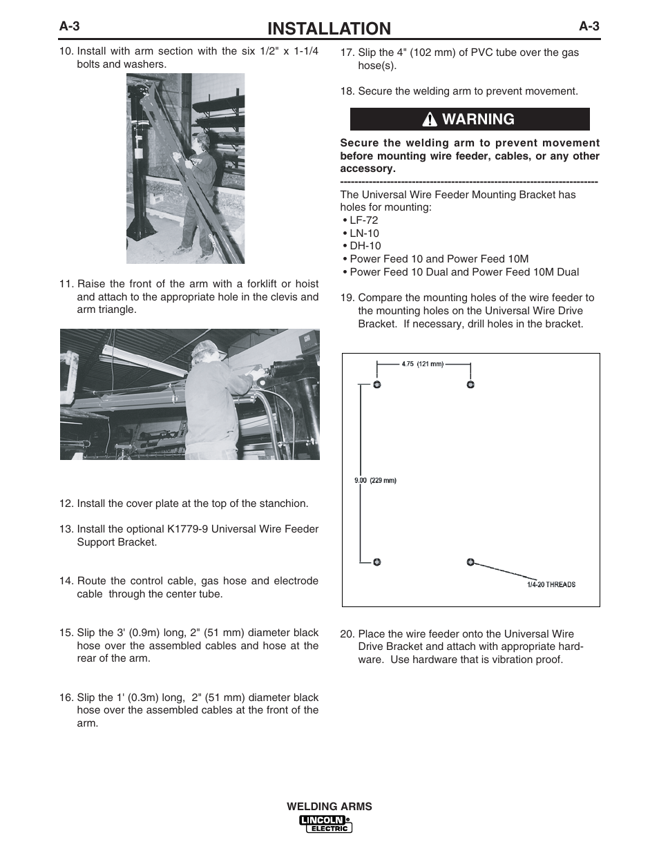 Installation, Warning | Lincoln Electric LINCOLN WELDING ARMS IM886 User Manual | Page 13 / 28