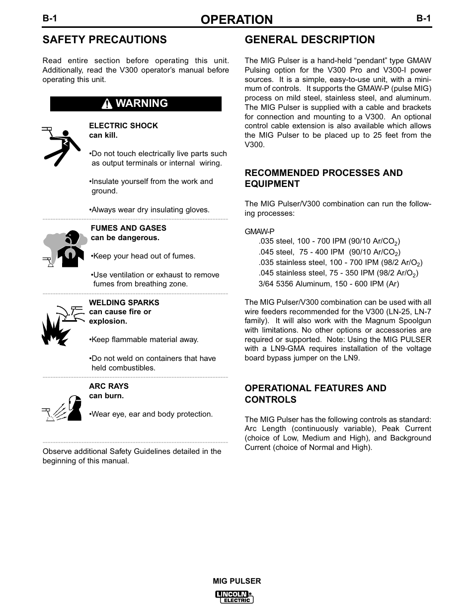 Operation, Safety precautions, General description | Warning | Lincoln Electric MIG PULSER IM555 User Manual | Page 11 / 22