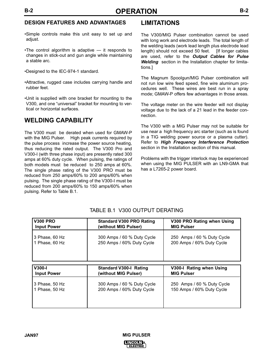 Operation, Welding capability, Limitations | Lincoln Electric MIG PULSER IM555 User Manual | Page 12 / 22