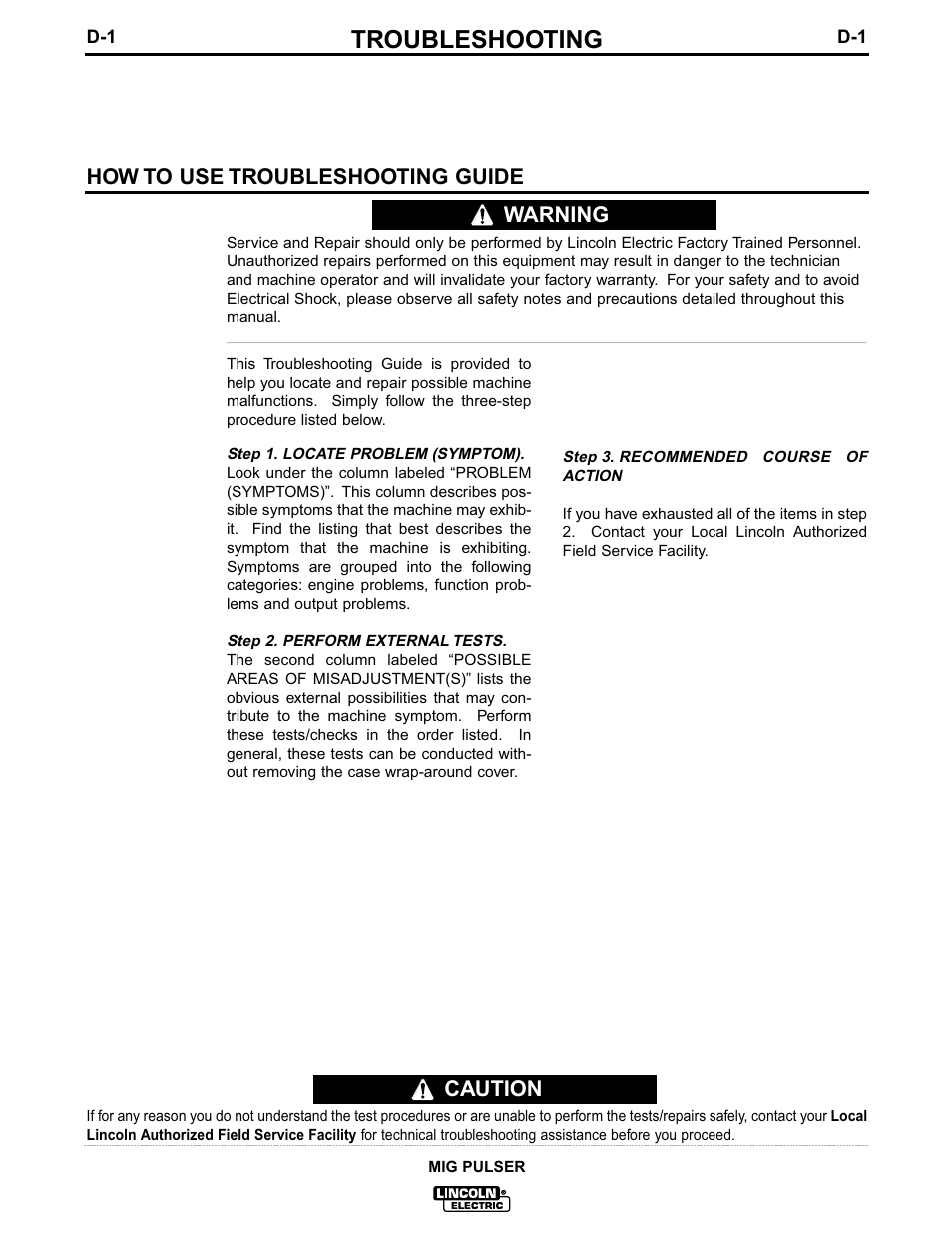 Troubleshooting, Caution, How to use troubleshooting guide | Warning | Lincoln Electric MIG PULSER IM555 User Manual | Page 16 / 22