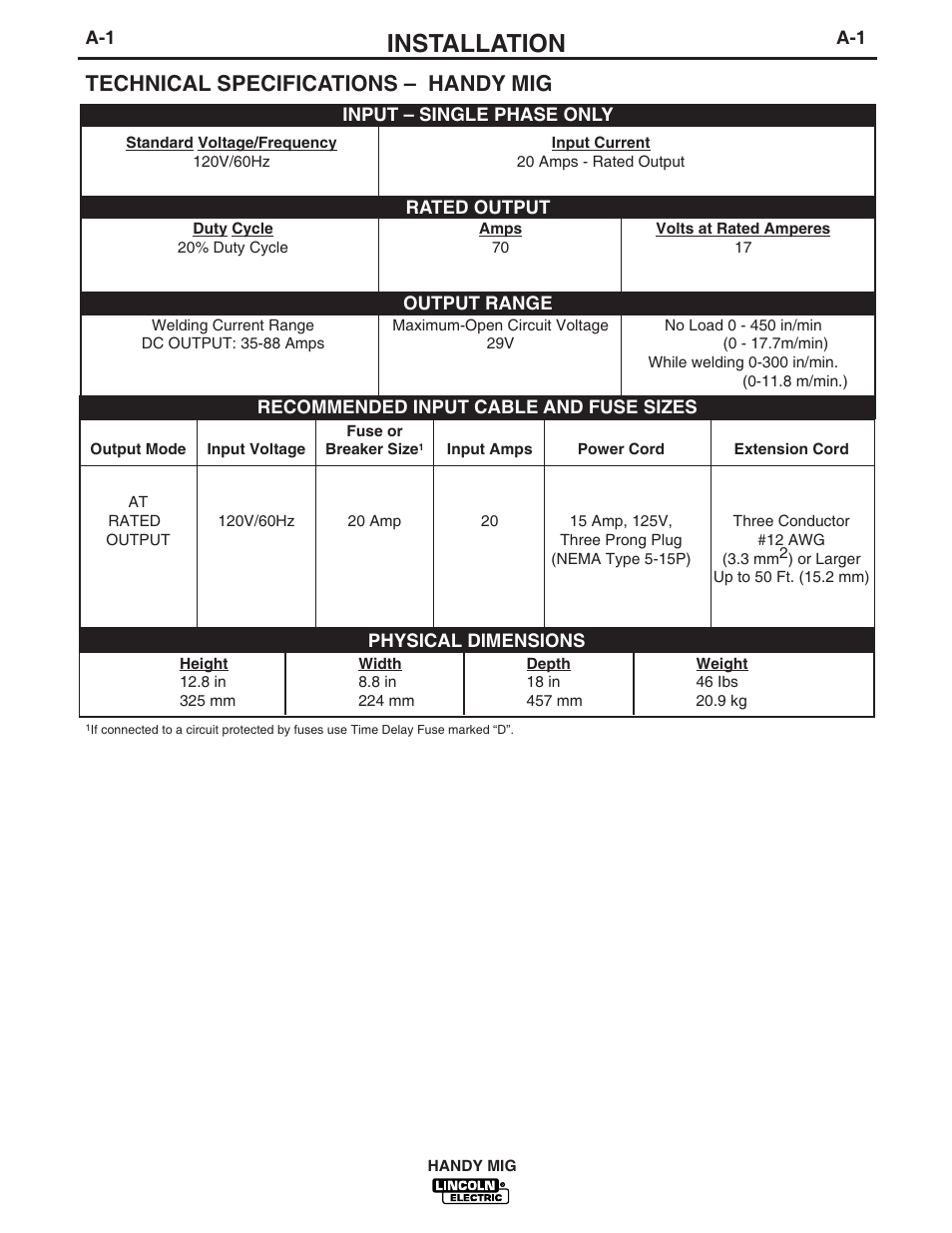 Installation, Technical specifications – handy mig | Lincoln Electric HANDY MIG IM756-A User Manual | Page 8 / 32