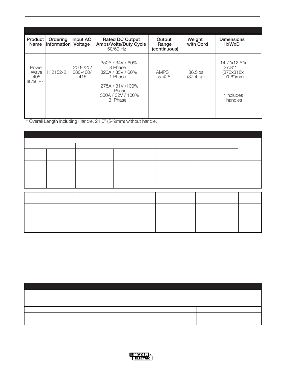 Installation, Technical specifications | Lincoln Electric POWER WAVE 405 IM746 User Manual | Page 10 / 41