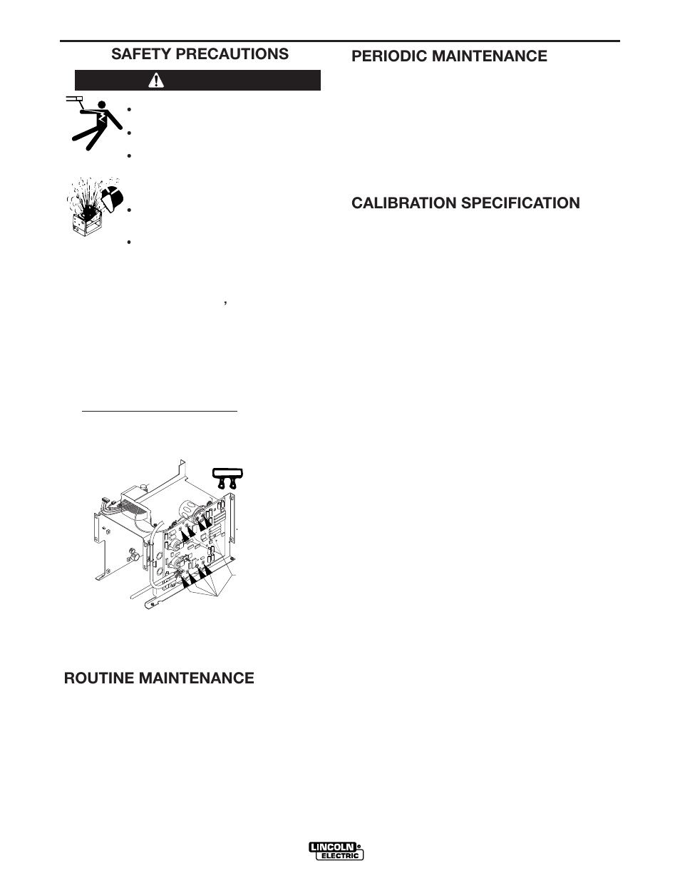 Maintenance, Safety precautions, Routine maintenance | Periodic maintenance, Calibration specification, Warning | Lincoln Electric POWER WAVE 405 IM746 User Manual | Page 28 / 41