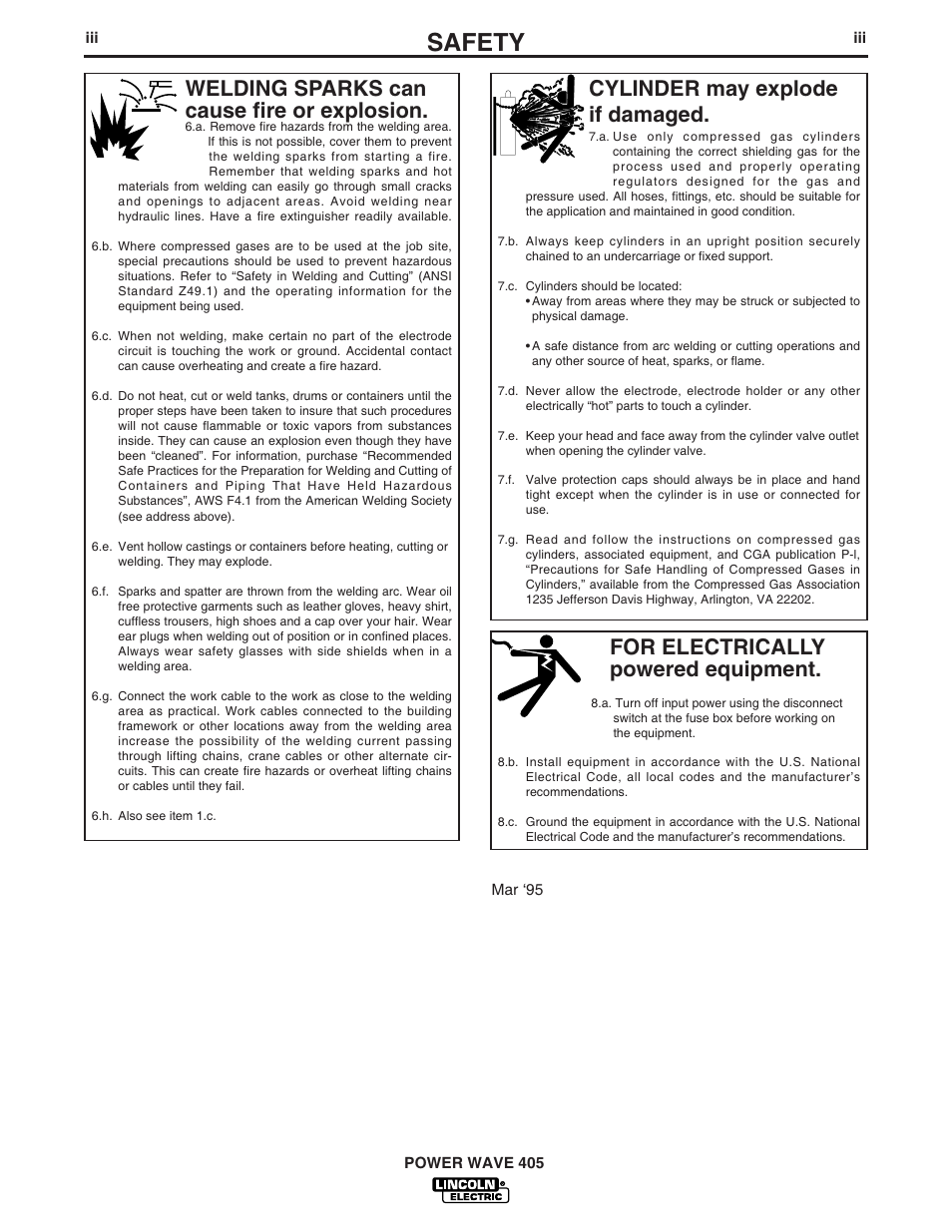 Safety, For electrically powered equipment, Cylinder may explode if damaged | Welding sparks can cause fire or explosion | Lincoln Electric POWER WAVE 405 IM746 User Manual | Page 4 / 41