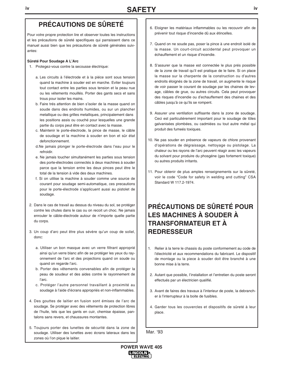 Safety, Précautions de sûreté | Lincoln Electric POWER WAVE 405 IM746 User Manual | Page 5 / 41