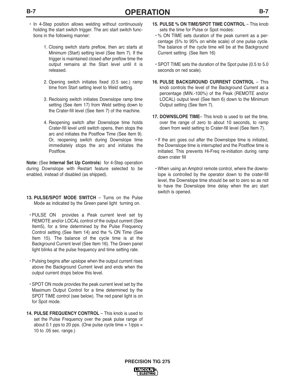Operation | Lincoln Electric PRECISION TIG 275 User Manual | Page 22 / 48
