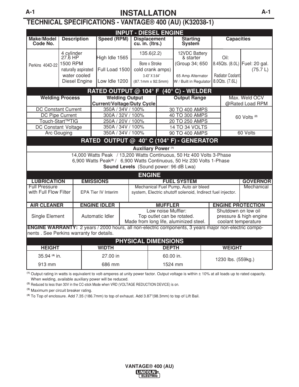 Installation, Generator, Physical dimensions | Lincoln Electric VANTAGE 400 (AU) User Manual | Page 11 / 49