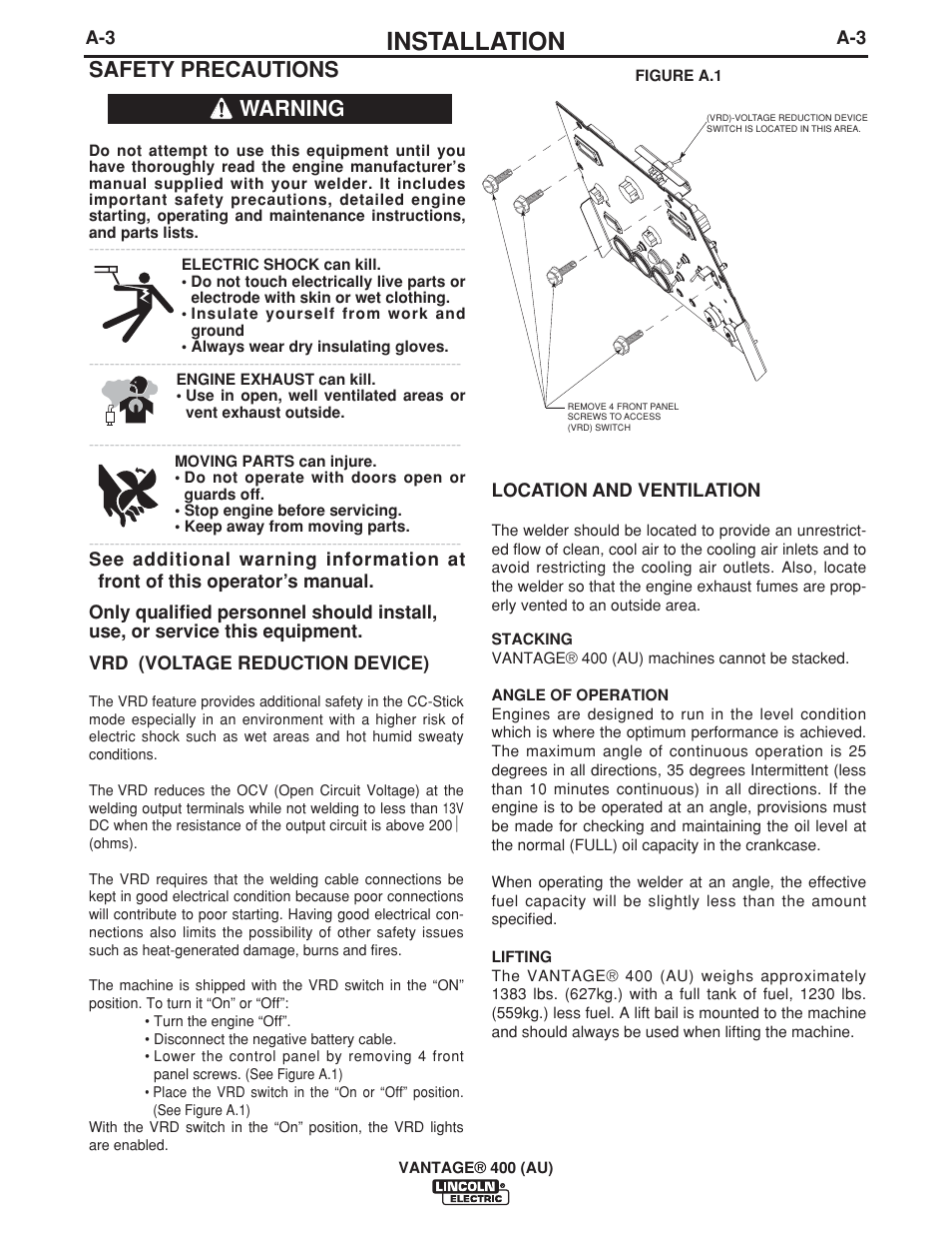 Installation, Safety precautions, Warning | Lincoln Electric VANTAGE 400 (AU) User Manual | Page 13 / 49