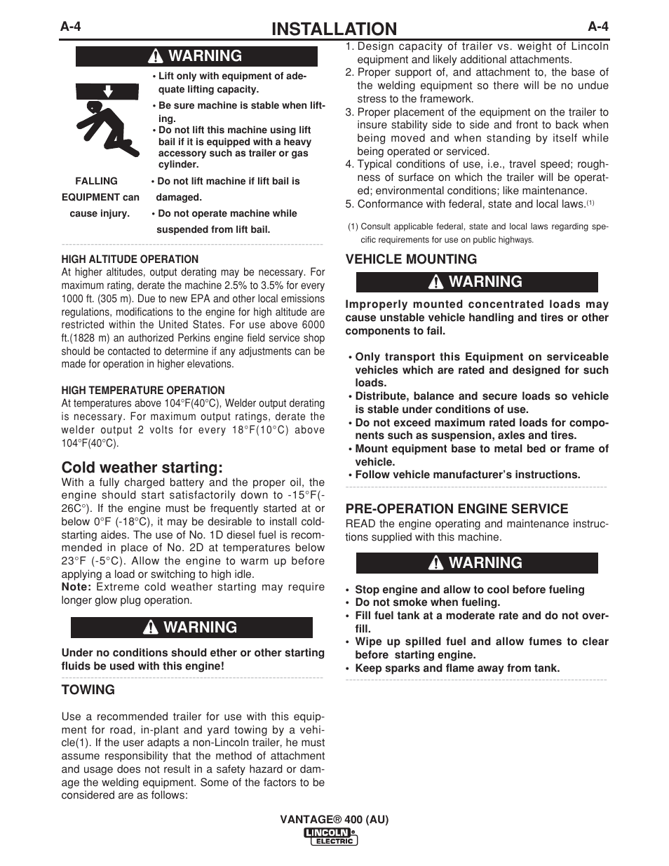 Installation, Cold weather starting, Warning | Lincoln Electric VANTAGE 400 (AU) User Manual | Page 14 / 49