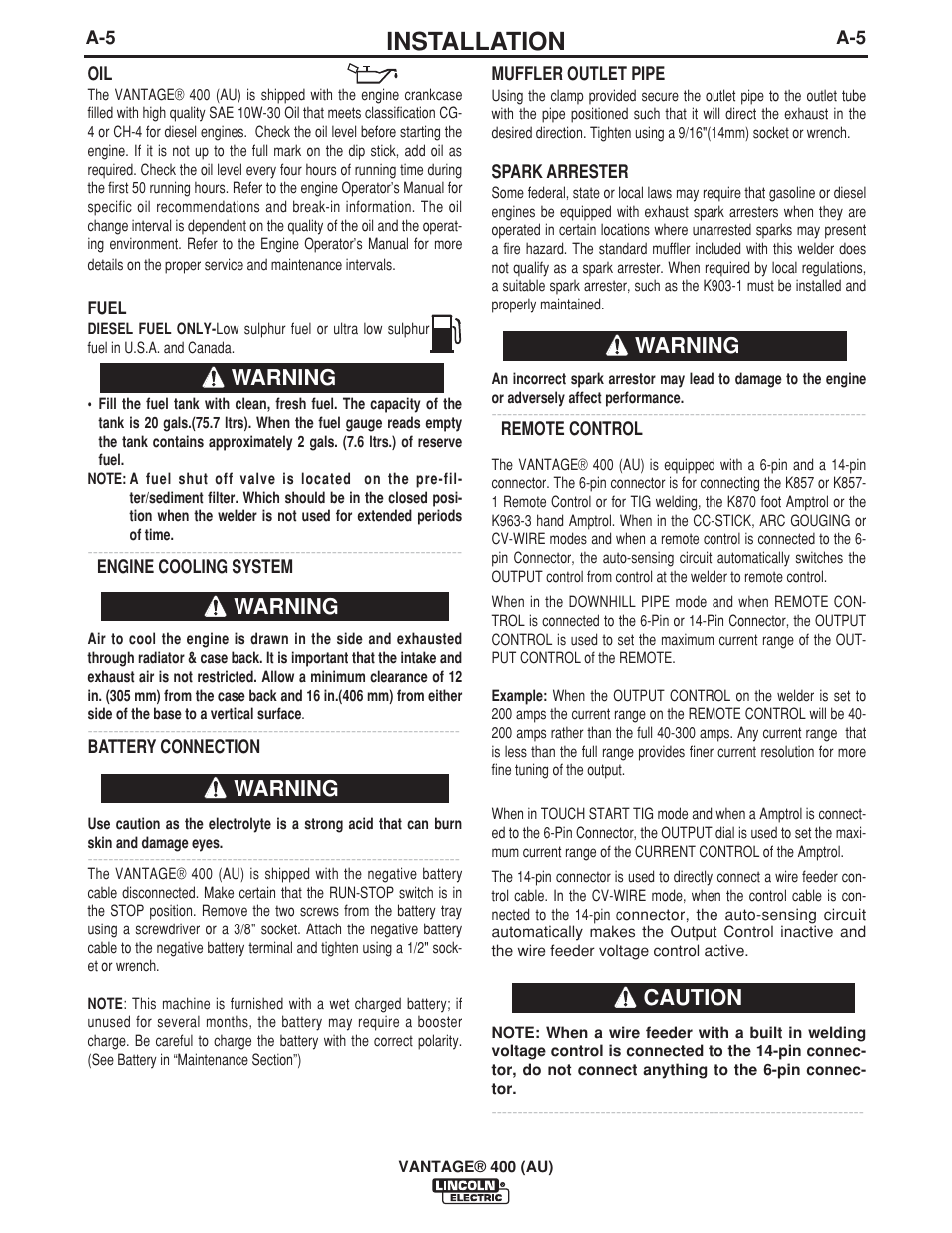 Installation, Warning, Warning caution | Lincoln Electric VANTAGE 400 (AU) User Manual | Page 15 / 49