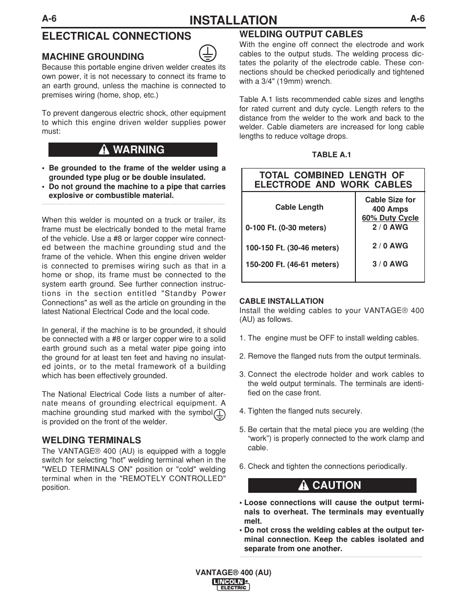 Installation, Electrical connections, Warning | Caution | Lincoln Electric VANTAGE 400 (AU) User Manual | Page 16 / 49