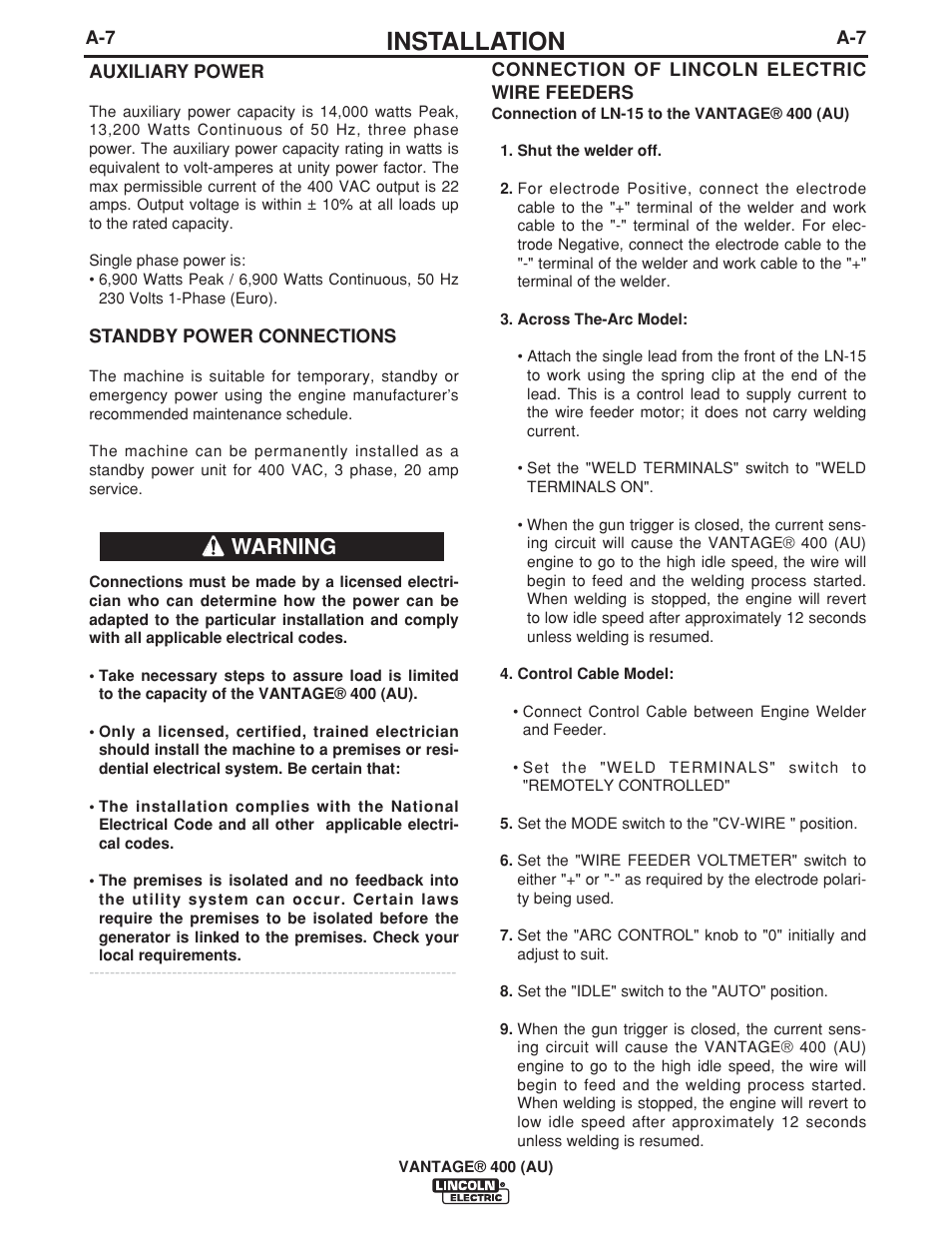 Installation, Warning | Lincoln Electric VANTAGE 400 (AU) User Manual | Page 17 / 49