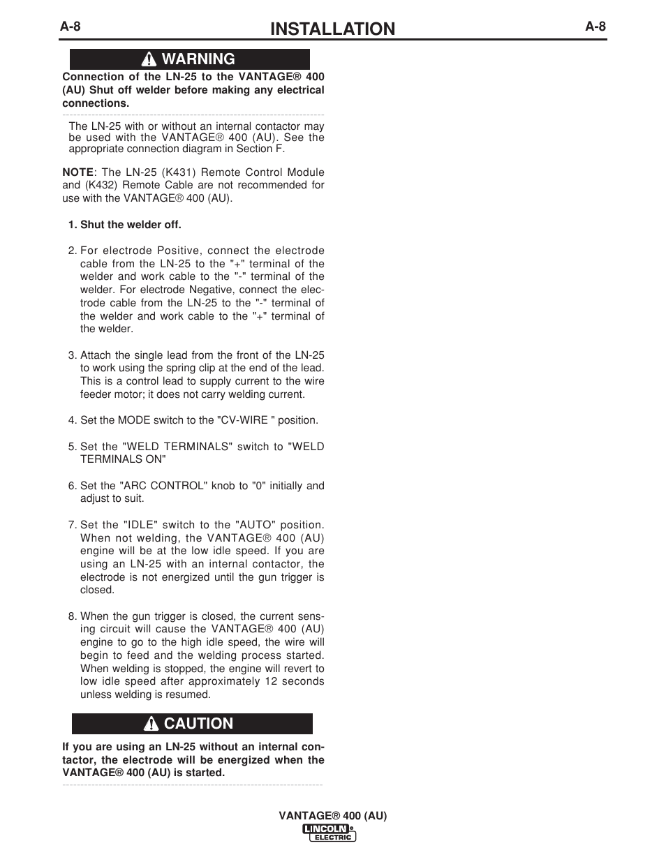 Installation, Warning caution | Lincoln Electric VANTAGE 400 (AU) User Manual | Page 18 / 49