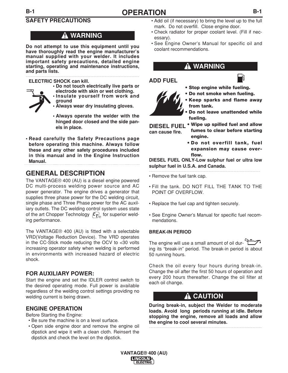 Operation, General description, Warning | Warning caution | Lincoln Electric VANTAGE 400 (AU) User Manual | Page 19 / 49