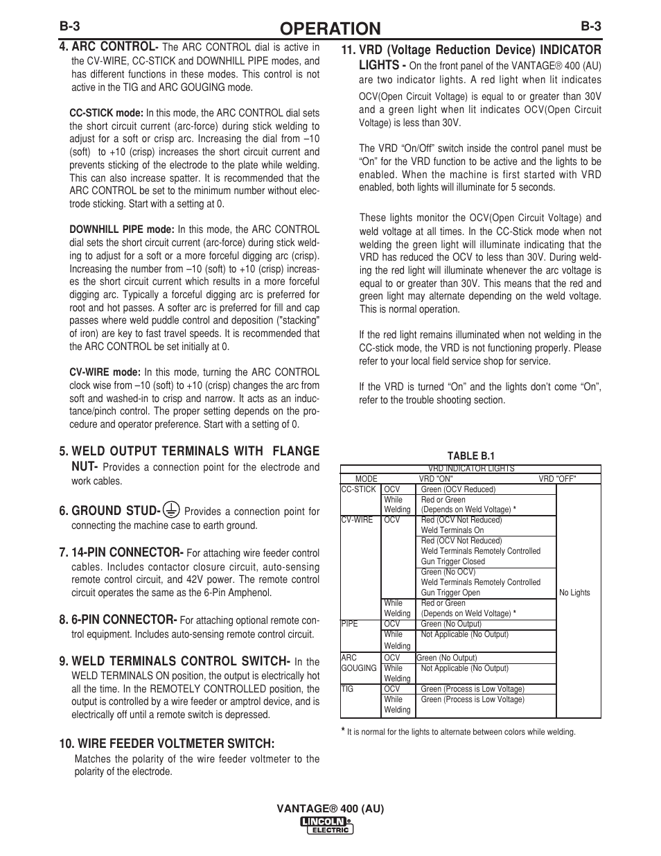 Operation, B-3 4. arc control, Weld output terminals with flange nut | Ground stud, 14-pin connector, 6-pin connector, Weld terminals control switch, Wire feeder voltmeter switch, Vrd (voltage reduction device) indicator lights | Lincoln Electric VANTAGE 400 (AU) User Manual | Page 21 / 49