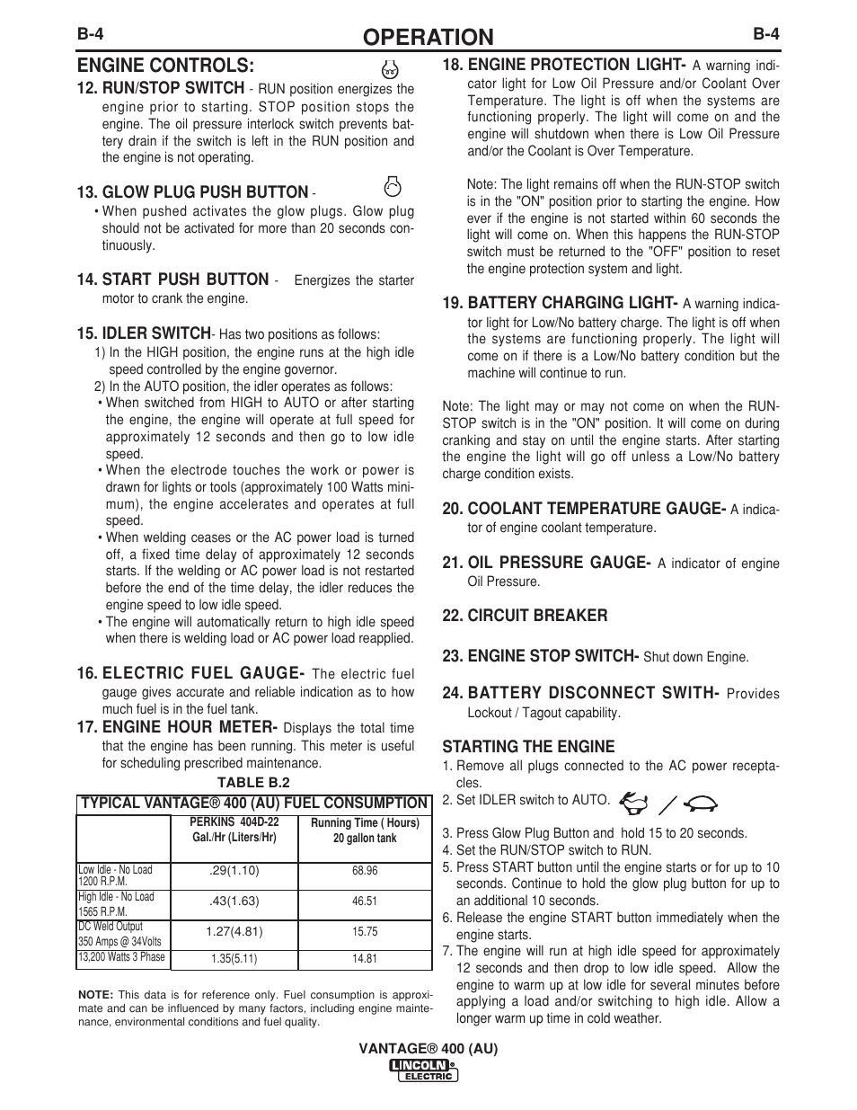 Operation, Engine controls | Lincoln Electric VANTAGE 400 (AU) User Manual | Page 22 / 49