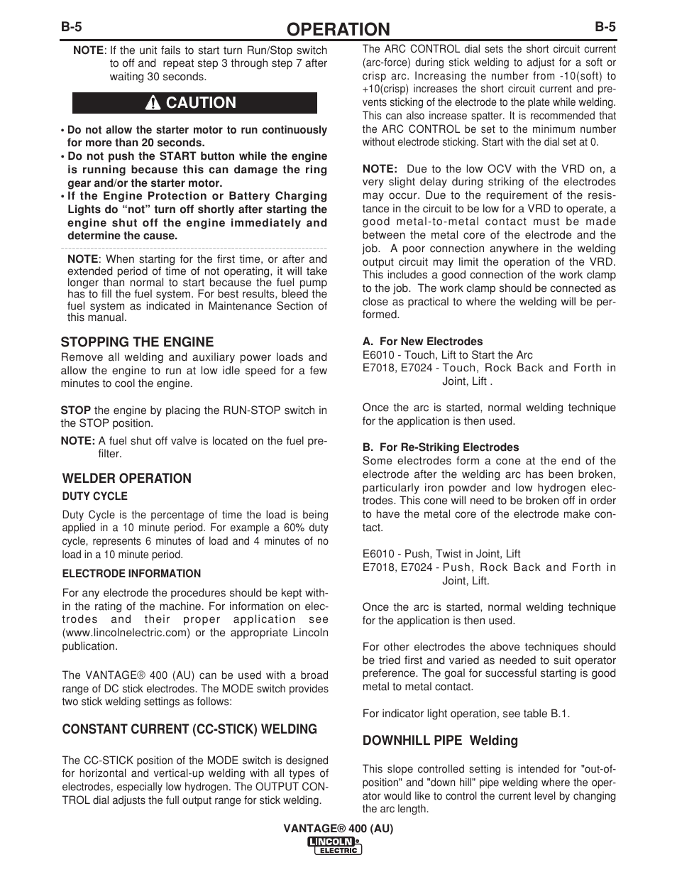 Operation, Caution | Lincoln Electric VANTAGE 400 (AU) User Manual | Page 23 / 49