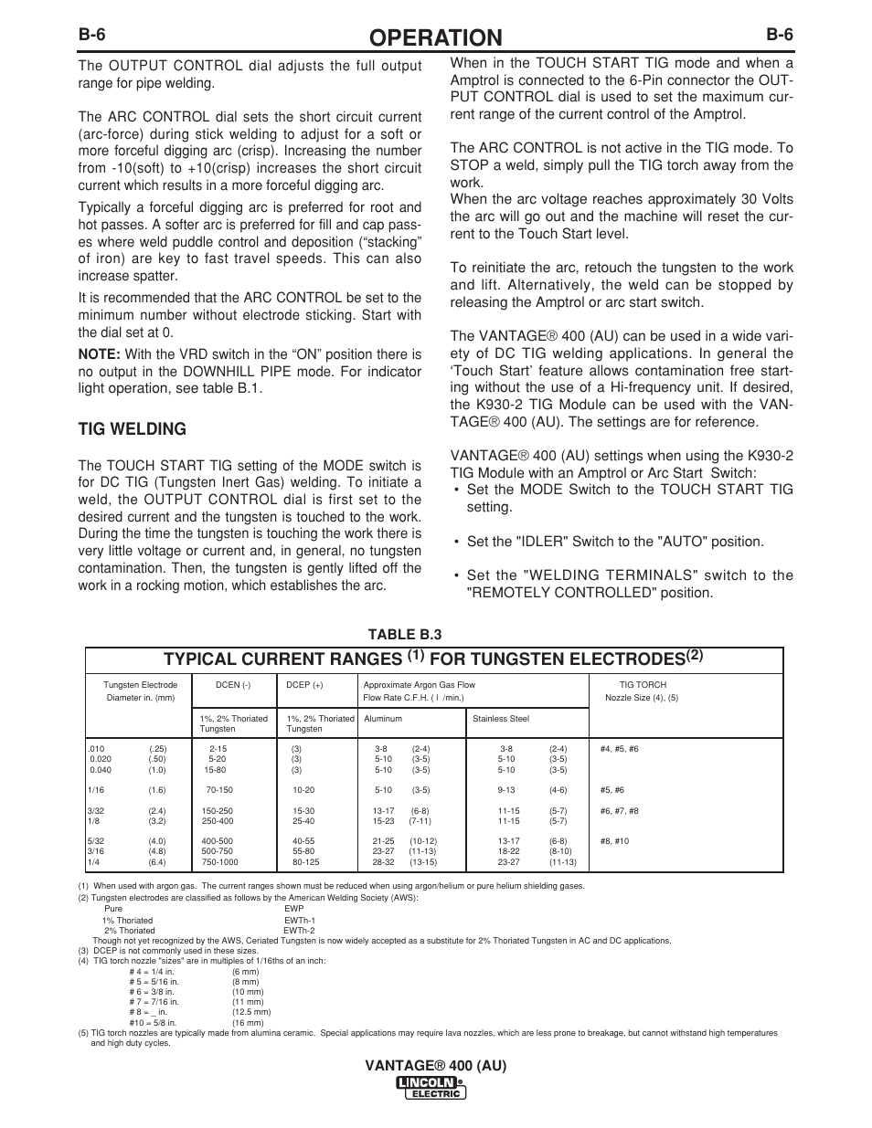 Operation, Tig welding, Typical current ranges | For tungsten electrodes, Table b.3 vantage® 400 (au) | Lincoln Electric VANTAGE 400 (AU) User Manual | Page 24 / 49