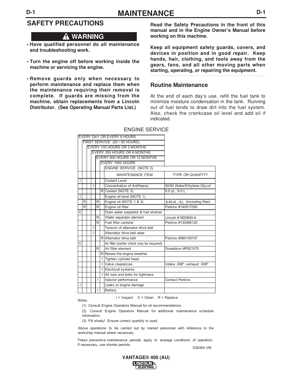 Maintenance, Safety precautions, Warning | Routine maintenance, Engine service | Lincoln Electric VANTAGE 400 (AU) User Manual | Page 27 / 49