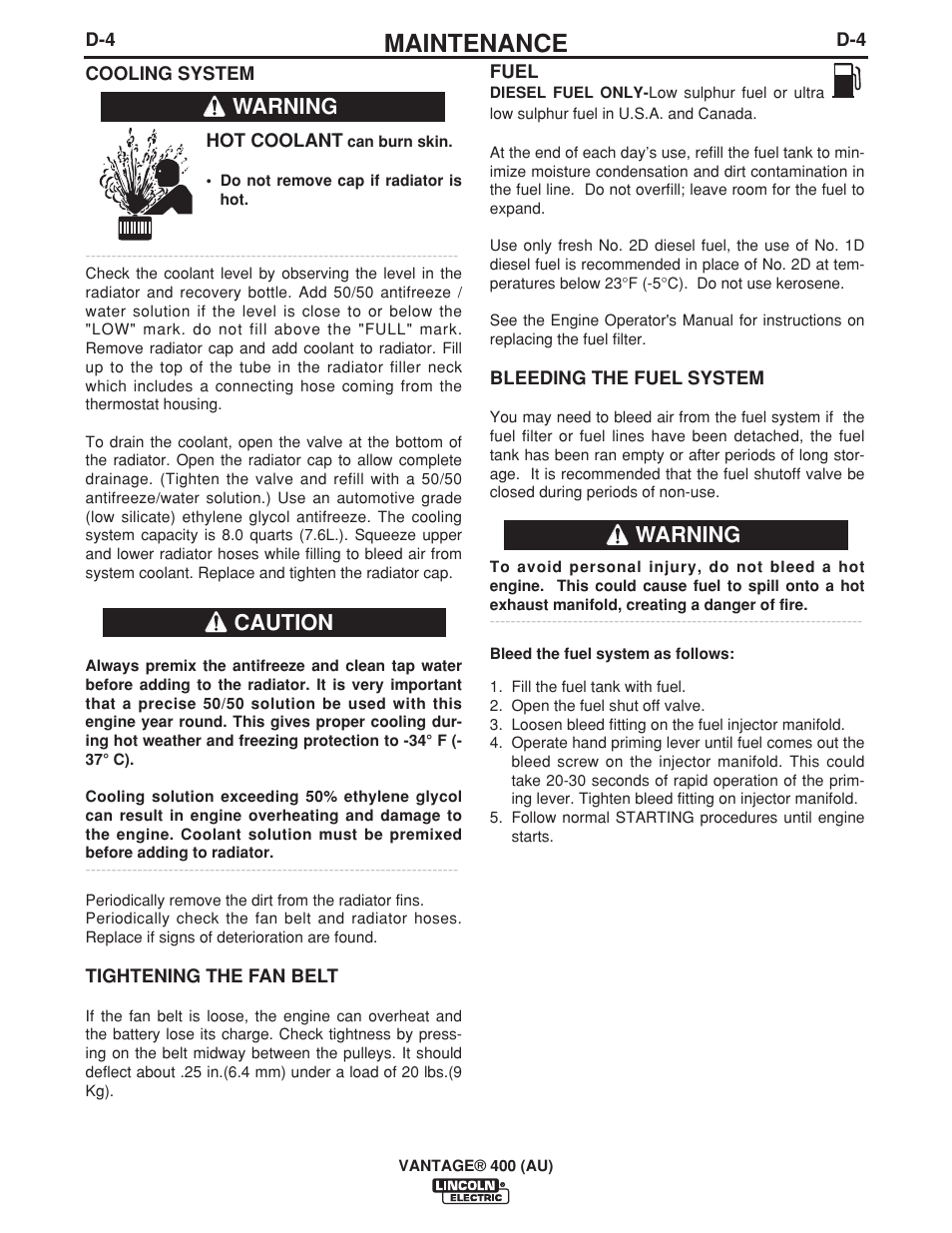 Maintenance, Warning caution warning | Lincoln Electric VANTAGE 400 (AU) User Manual | Page 30 / 49