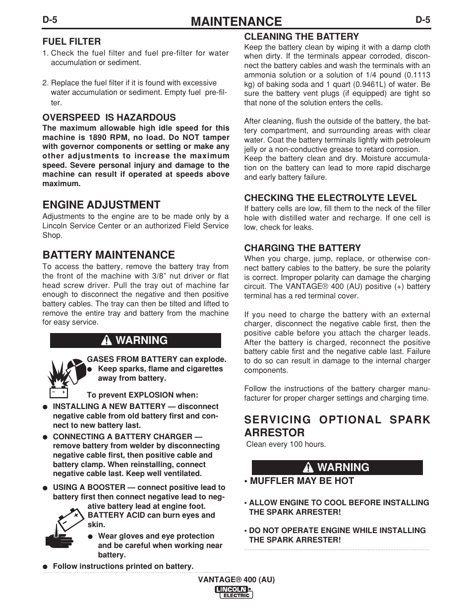 Maintenance, Engine adjustment, Battery maintenance | Servicing optional spark arrestor, Warning | Lincoln Electric VANTAGE 400 (AU) User Manual | Page 31 / 49