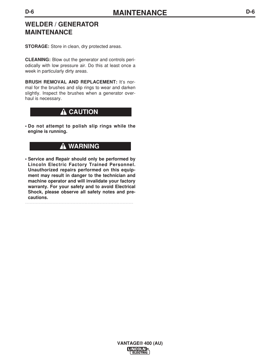 Maintenance, Welder / generator maintenance, Warning caution | Lincoln Electric VANTAGE 400 (AU) User Manual | Page 32 / 49