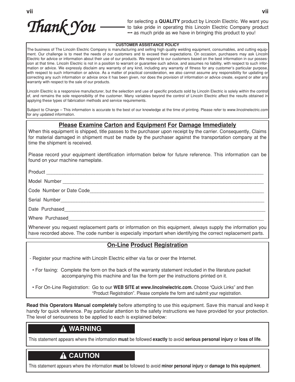 Warning, Caution | Lincoln Electric VANTAGE 400 (AU) User Manual | Page 8 / 49