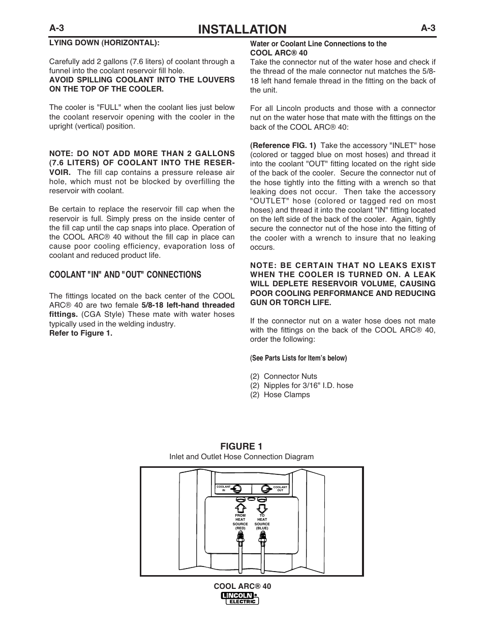 Installation, Coolant "in" and "out" connections, Figure 1 | Lincoln Electric COOL ARC IM670-A User Manual | Page 10 / 26