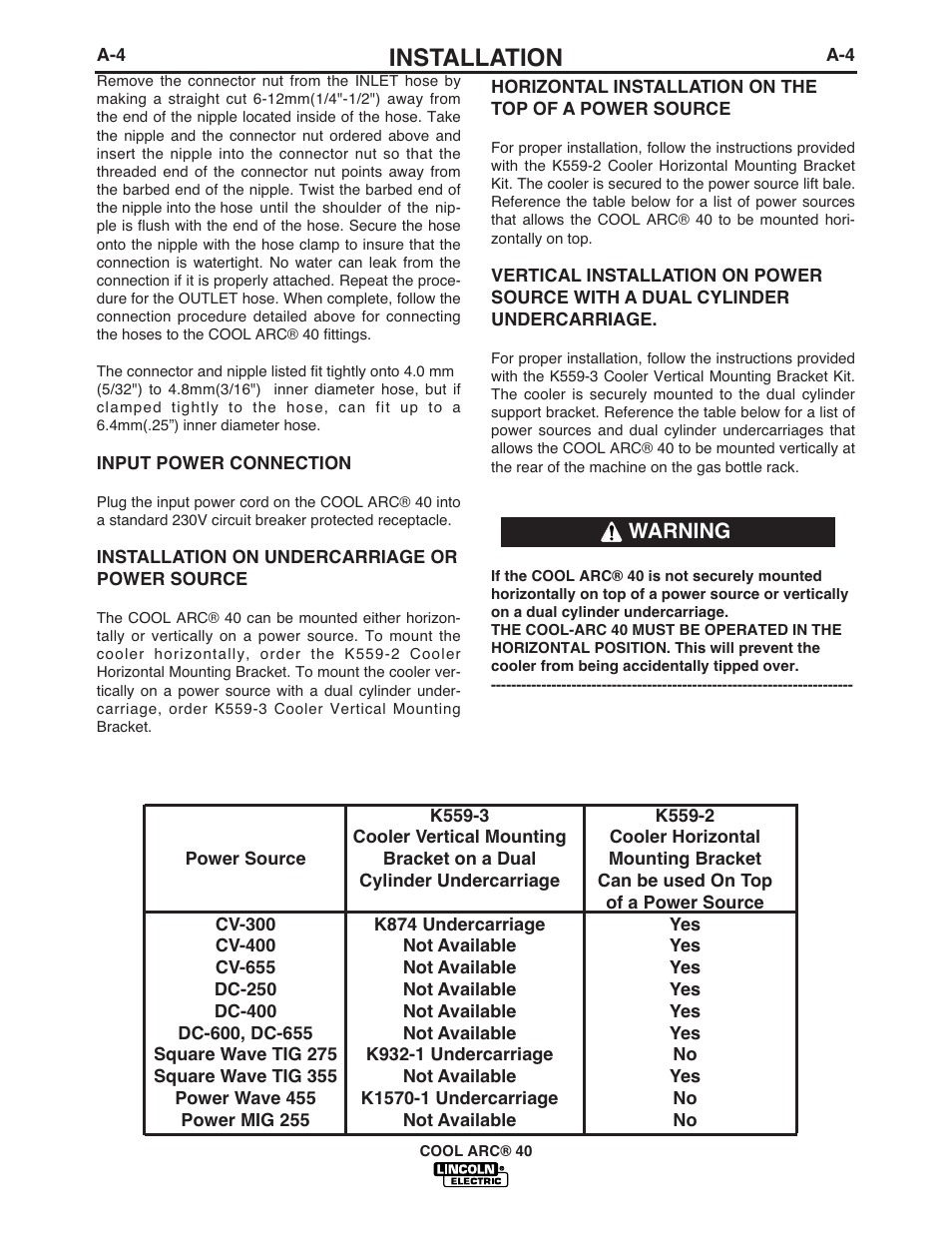 Installation | Lincoln Electric COOL ARC IM670-A User Manual | Page 11 / 26