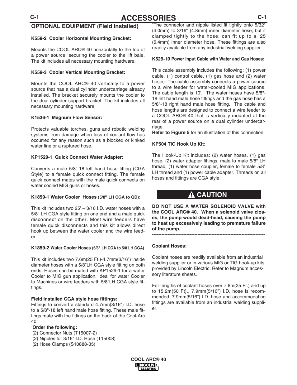 Accessories, Caution | Lincoln Electric COOL ARC IM670-A User Manual | Page 15 / 26