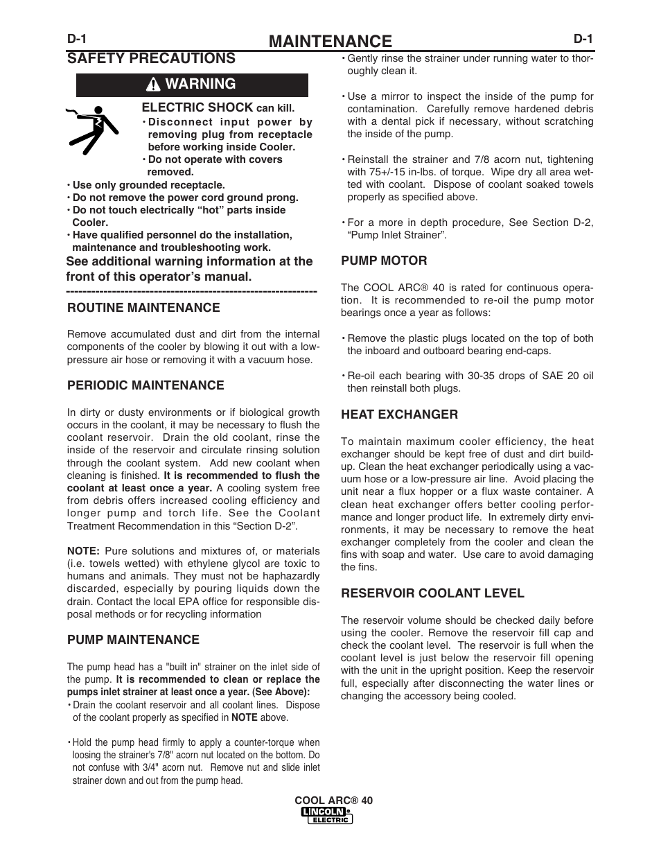 Maintenance, Warning safety precautions | Lincoln Electric COOL ARC IM670-A User Manual | Page 16 / 26