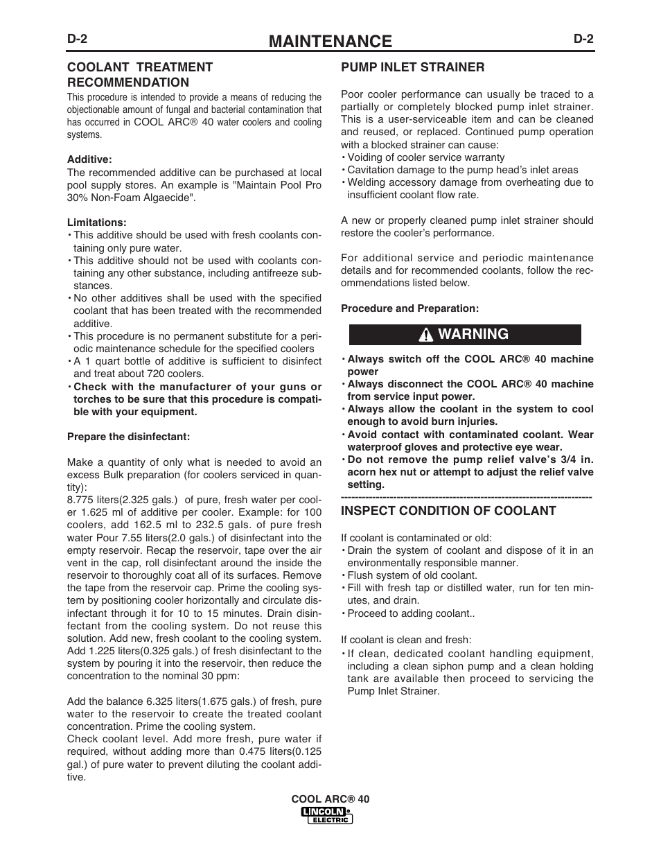 Maintenance, Warning | Lincoln Electric COOL ARC IM670-A User Manual | Page 17 / 26