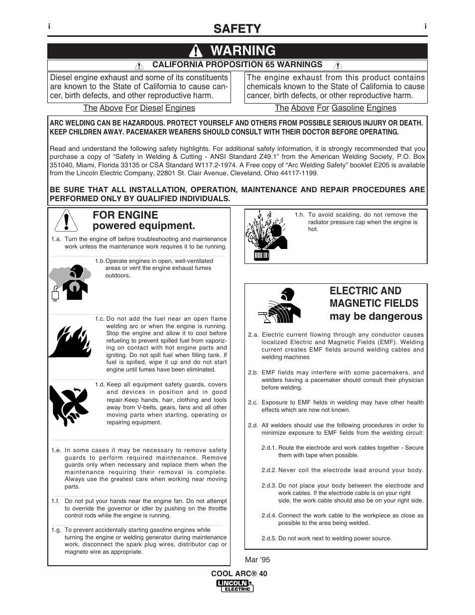 Warning, Safety, For engine powered equipment | Electric and magnetic fields may be dangerous | Lincoln Electric COOL ARC IM670-A User Manual | Page 2 / 26