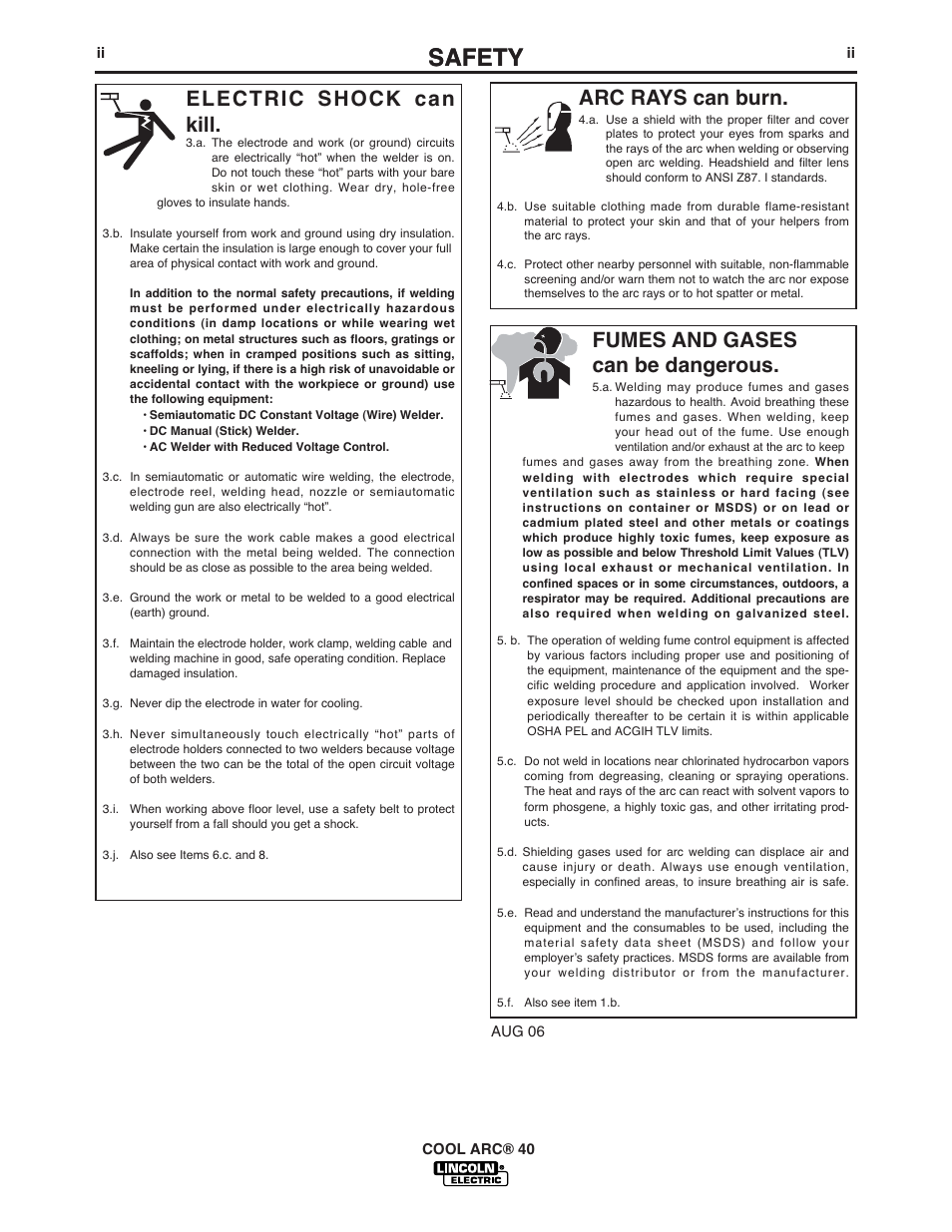 Safety, Arc rays can burn, Electric shock can kill | Fumes and gases can be dangerous | Lincoln Electric COOL ARC IM670-A User Manual | Page 3 / 26