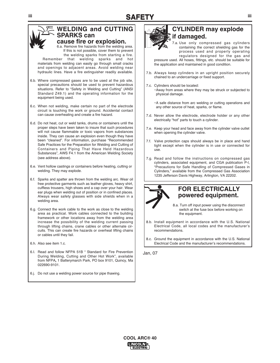 Safety, For electrically powered equipment, Cylinder may explode if damaged | Lincoln Electric COOL ARC IM670-A User Manual | Page 4 / 26