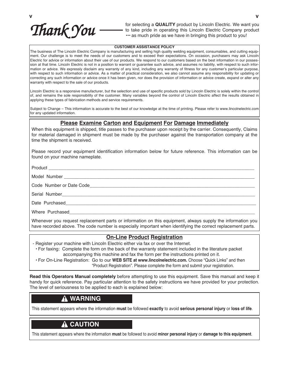 Warning, Caution | Lincoln Electric COOL ARC IM670-A User Manual | Page 6 / 26