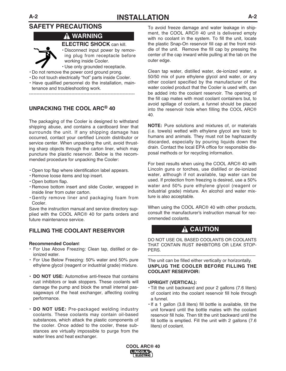 Installation, Safety precautions, Warning caution | Lincoln Electric COOL ARC IM670-A User Manual | Page 9 / 26