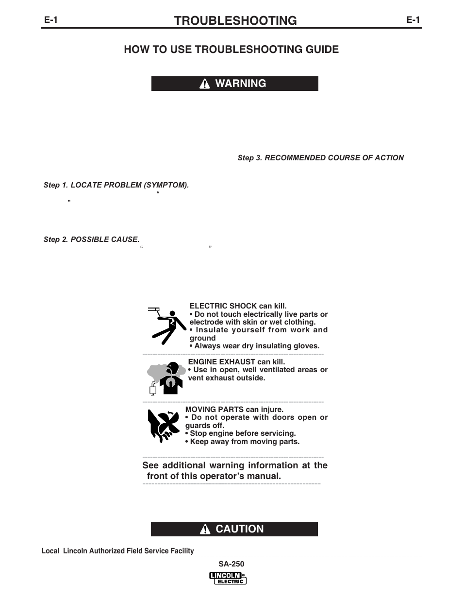 Troubleshooting, Caution, How to use troubleshooting guide | Warning | Lincoln Electric SA-250 User Manual | Page 20 / 33