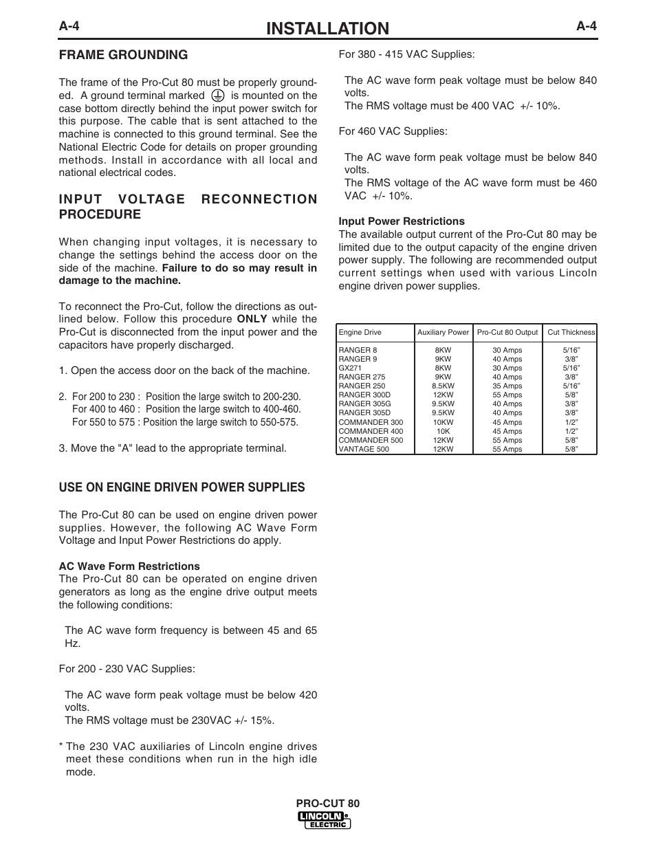 Installation, A-4 frame grounding, Input voltage reconnection procedure | Use on engine driven power supplies | Lincoln Electric PRO-CUT IM595-A User Manual | Page 12 / 39