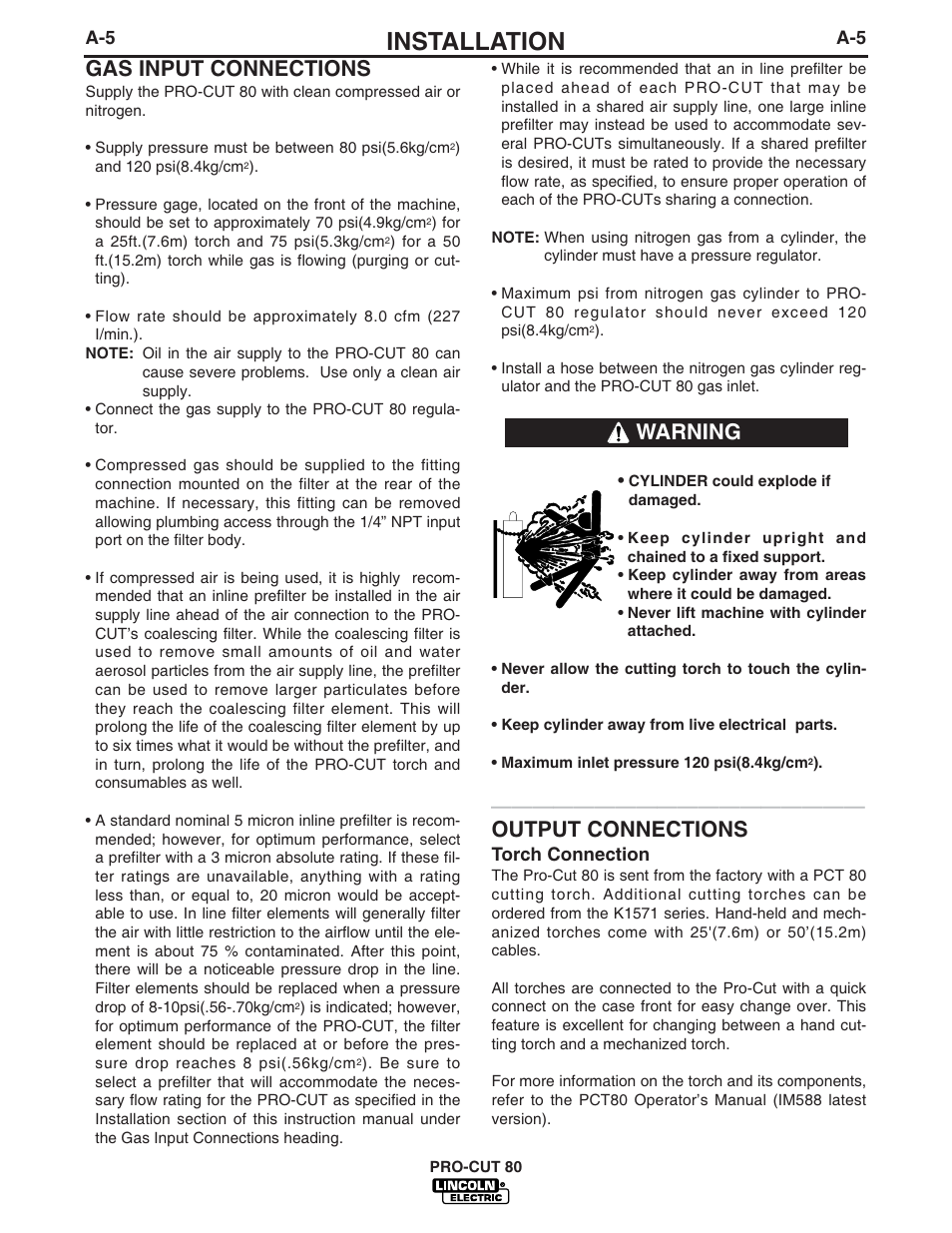 Installation, Gas input connections, Output connections | Warning | Lincoln Electric PRO-CUT IM595-A User Manual | Page 13 / 39