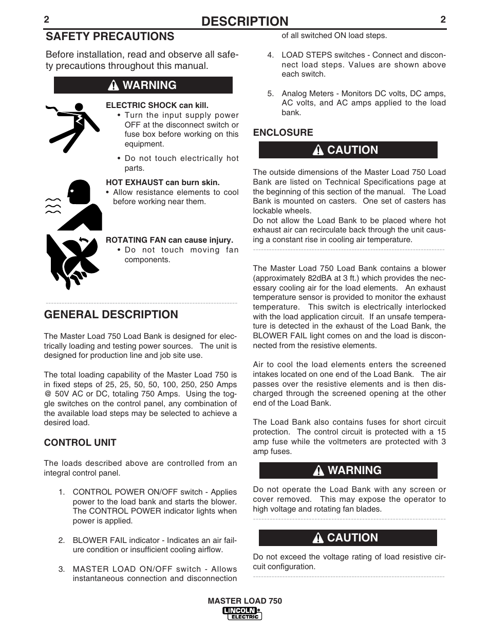 Description, General description, Caution warning caution safety precautions | Warning | Lincoln Electric MASTER LOAD IM575 User Manual | Page 10 / 28