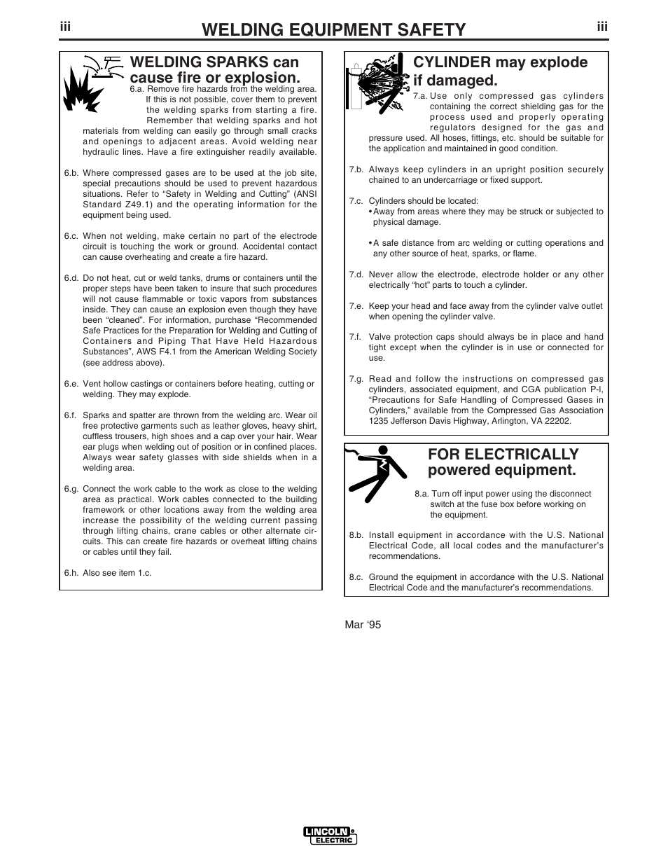 Welding equipment safety, For electrically powered equipment, Cylinder may explode if damaged | Welding sparks can cause fire or explosion | Lincoln Electric MASTER LOAD IM575 User Manual | Page 4 / 28