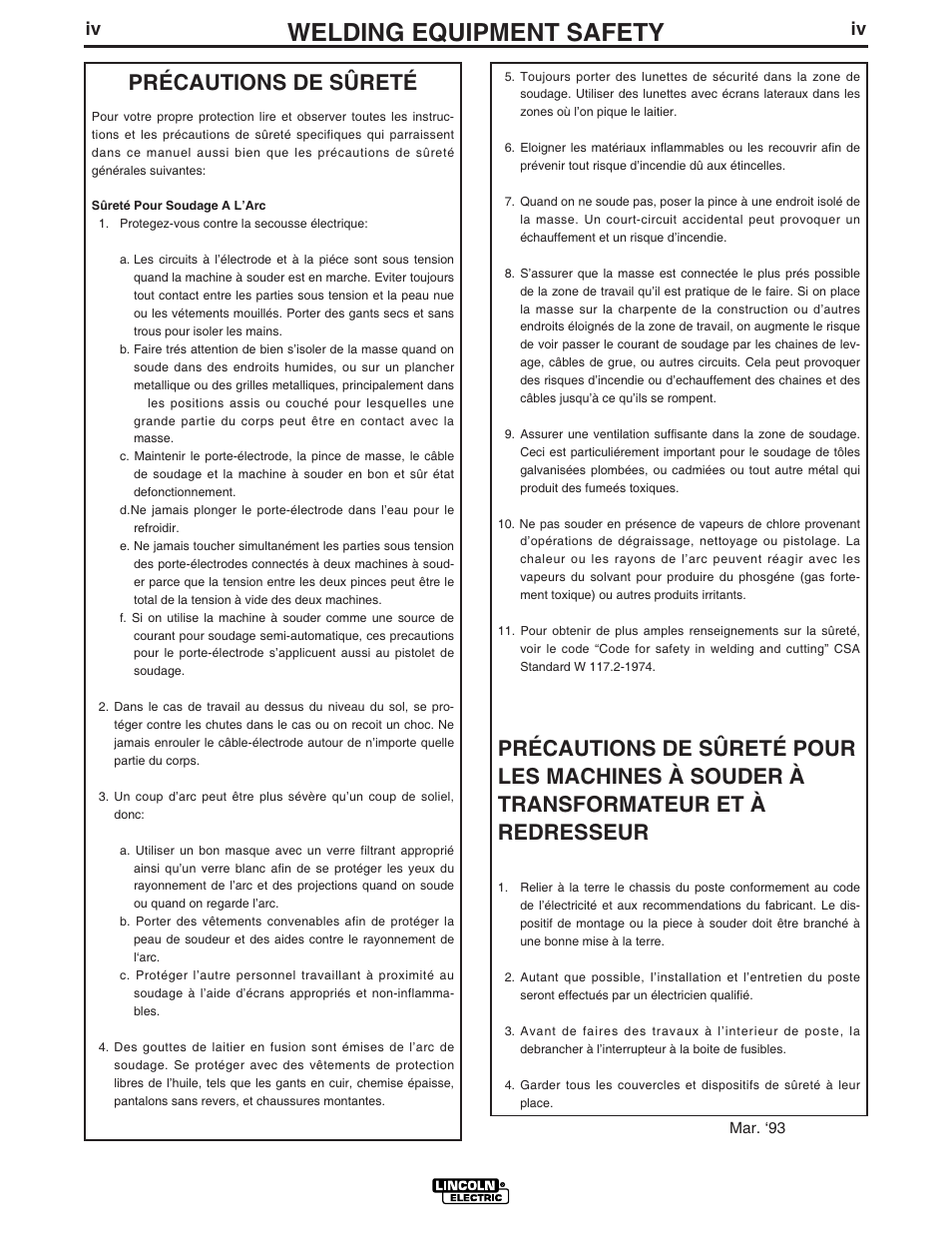 Welding equipment safety, Précautions de sûreté | Lincoln Electric MASTER LOAD IM575 User Manual | Page 5 / 28