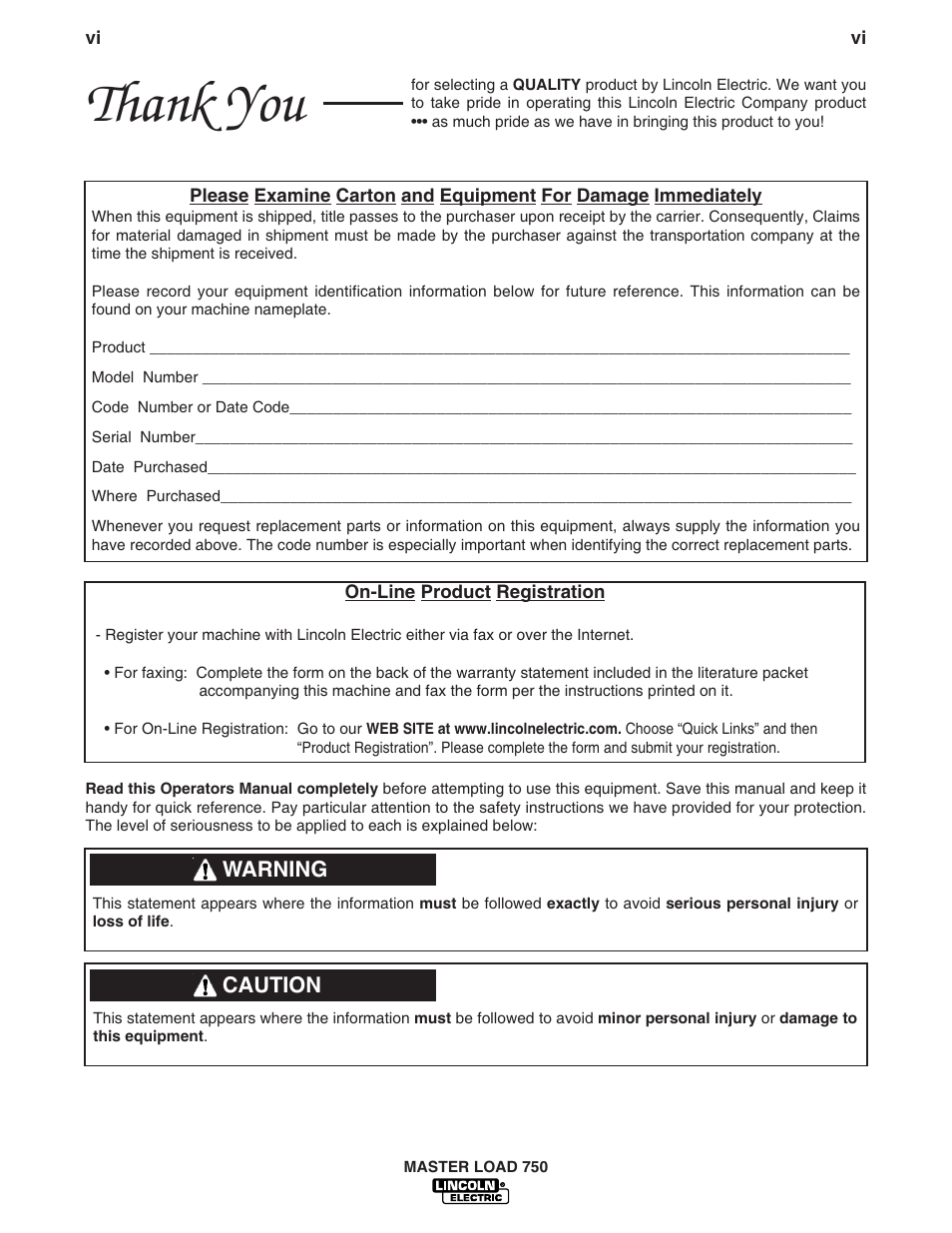 Warning, Caution | Lincoln Electric MASTER LOAD IM575 User Manual | Page 7 / 28